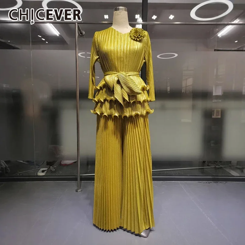 CHICEVER Solid Loose Spliced 3D Flower Temperament Dresses for Wome V Neck Long Sleeves Patchwork Folds Dress Female Clothing