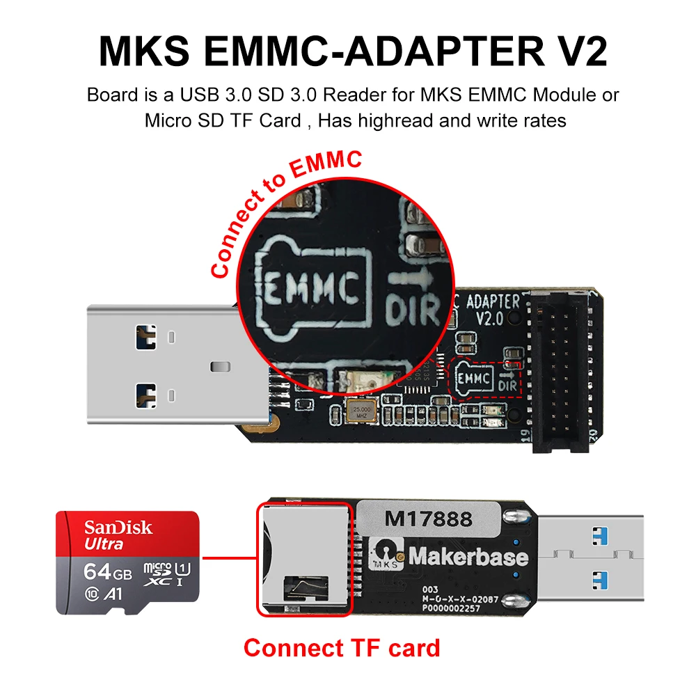 محول Makerbase-EMMC ، USB ، وحدة EMMC ، بطاقة SD صغيرة ، بطاقة TF ، Pi ، SKIPR ، V2