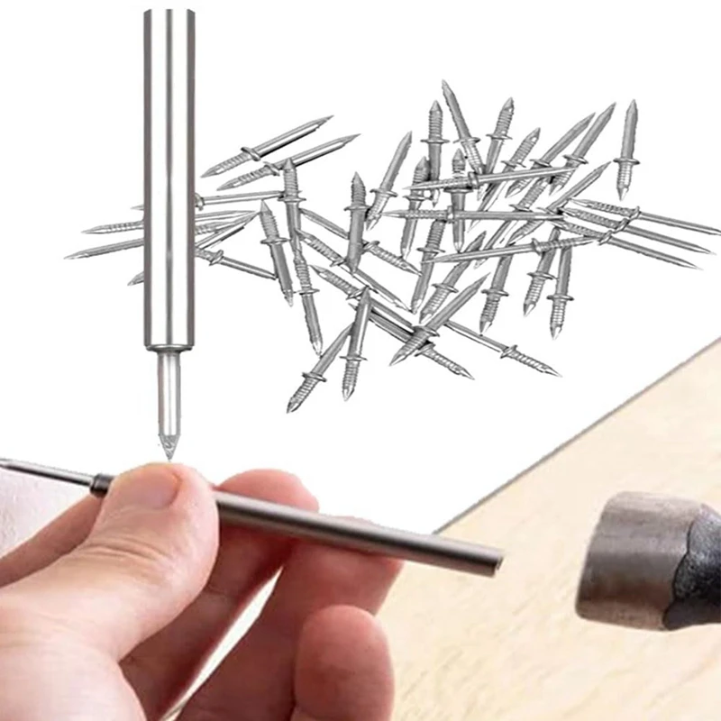 100 pezzi di filo per battiscopa a doppia testa chiodo senza cuciture, linea di battiscopa senza segni chiodo, chiodo senza cuciture con strumento per manicotto per unghie argento