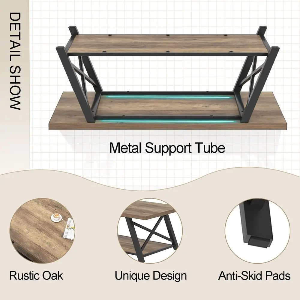 Rustic Oak Industrial-Style Rectangular Coffee Table with Storage Shelf, 47 for Living Room