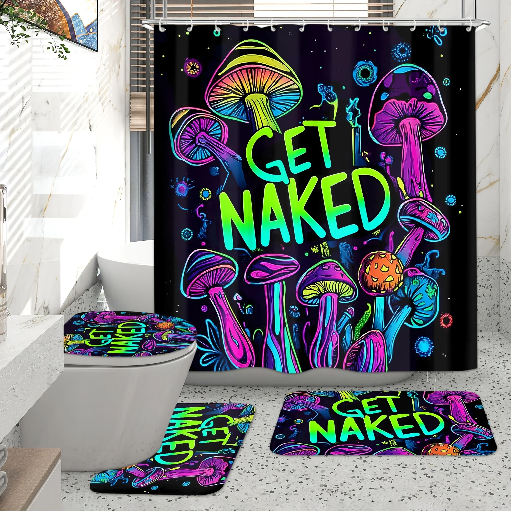 

Elegant Neon "Get Naked" Print Shower Curtain Four-Piece Set - Modern Bathroom Decor for a Fun and Vibrant Ambiance