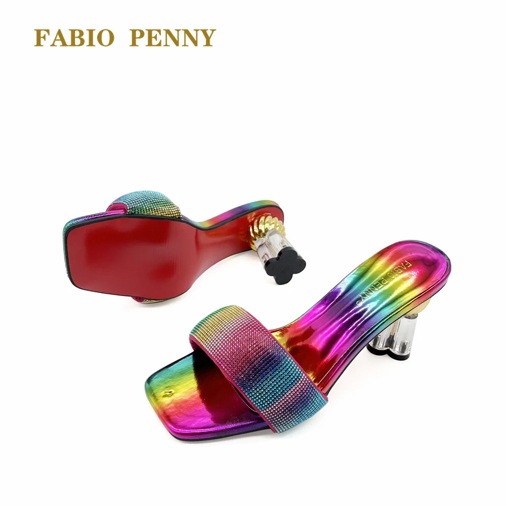 FABIO PENNY Summer Fashion Ladies Crystal Gold High Heels Slippers For Dinner Party Colored Rhinestone Slippers for Ladies