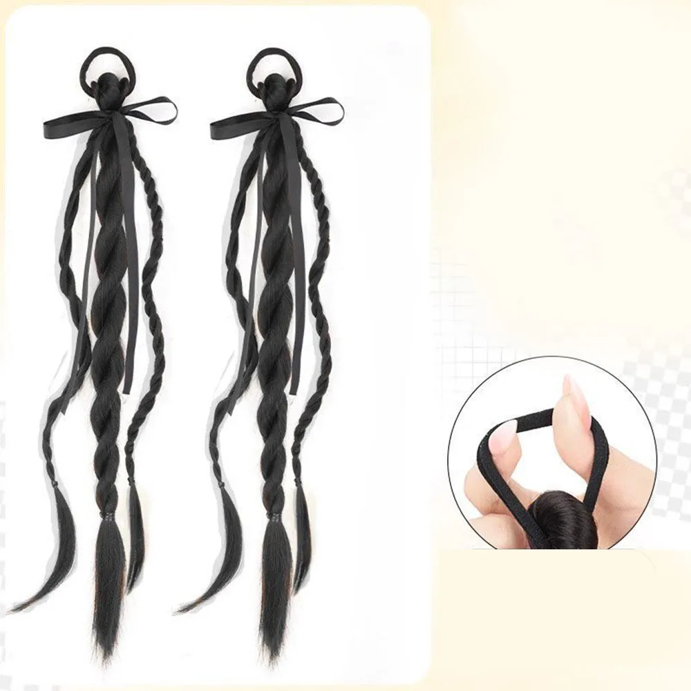 Synthetic Wig Double Twist Braid Head Rope Ribbon Female Sweet Natural College Style Bow Tie Double Ponytail Wig Head Rope