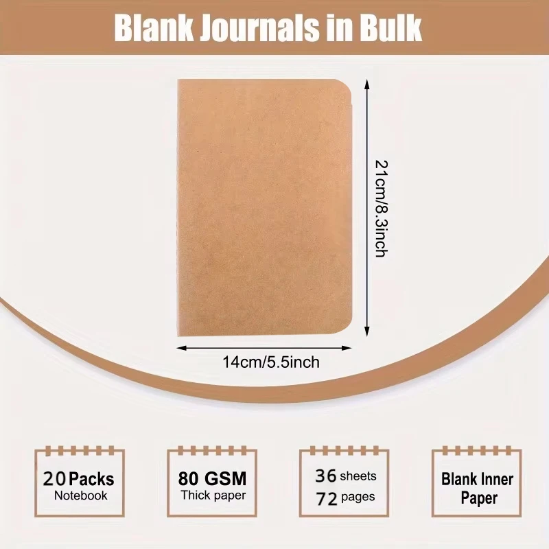 20 Stück A5 Blanko/gefütterte Papier-Tagebuch-Notizbücher mit Kraftpapier-Einband, 72 Seiten Zusammensetzung-Notizbuch, für Reisende, Bürobedarf – Detail 3