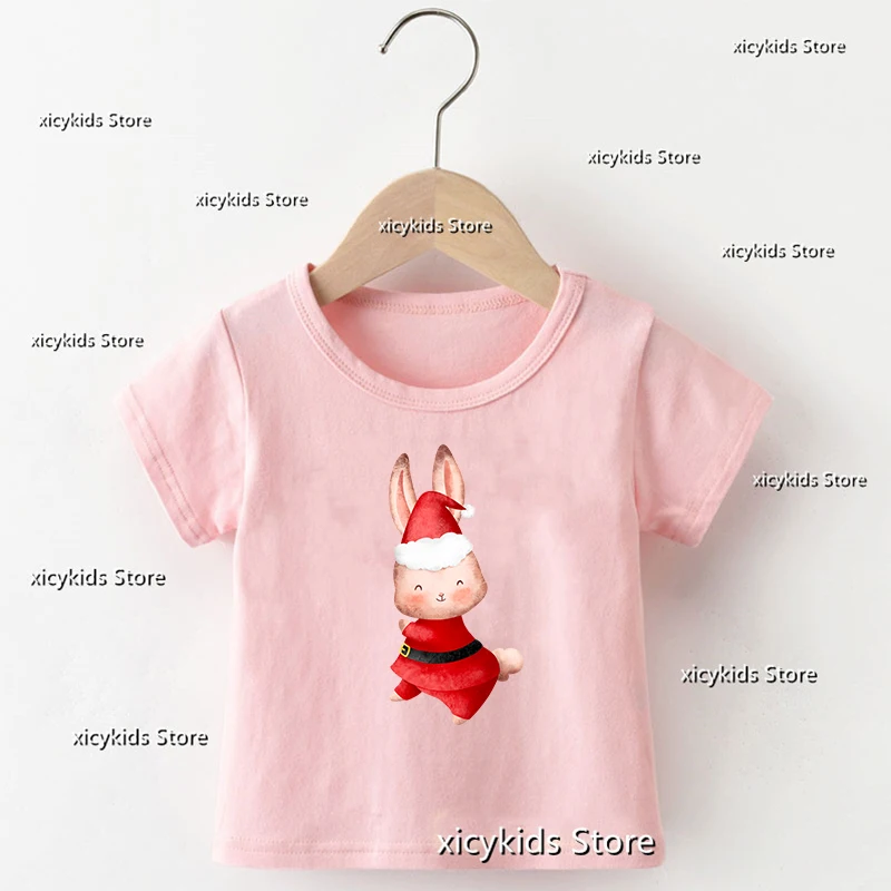 

Kawaii girls t-shirt cute Christmas bunny print for children Christmas clothes tshirt New Year clothes girls baby pink shirt