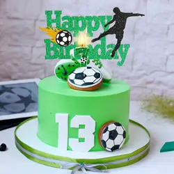 誕生日ケーキトッパー用の緑色のサッカーキャンドル、7歳、ハッピーバースデーサイン、男の子パーティー、記念品のお祝い、2個