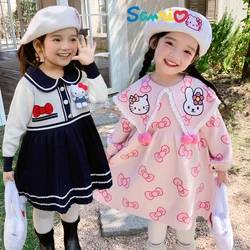 Anime Kawaii Sanrios Hellokittys My Melody Kuromi Girls Knitted Sweater Cartoon Cute Kids Preppy Dress Long Sleeve Pleated Skirt