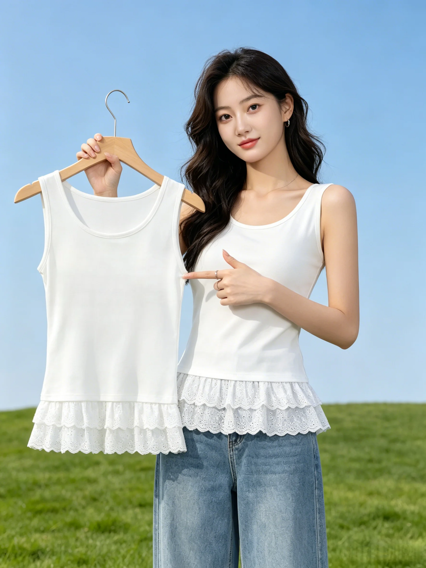

95% Cotton Lace Hem Tank Top Women's Spring Autumn New Large Size Fat MM Inner Wear Sleeveless Layered on Top of Shirt