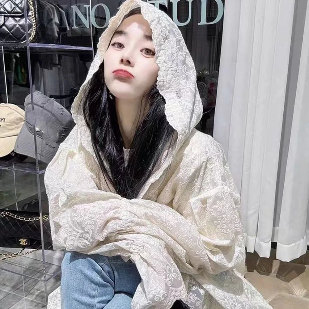 Summer White Lace Jacket Women Casual Solid Color Coat Holiday Cardigan Lace Embroidery Hooded Sunscreen Clothing Ladies Elegant