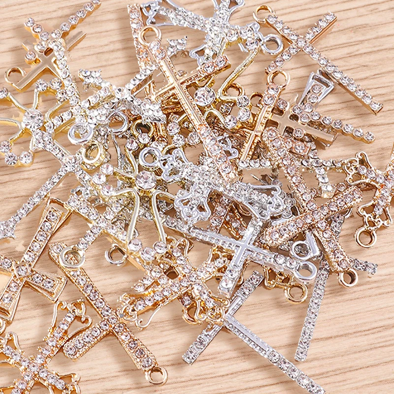 Tusember 10 Stück gold- und silberfarbene CZ-Kristall-Kreuzanhänger, Kreuzanhänger für die Schmuckherstellung, Ohrringe, Halskette, DIY-Zubehör – Detail 4