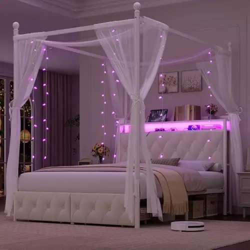 Queen Size LED Canopy Bed Frame with Storage & Charging Station,Beige | 4 Removable Posts for Two-Use, Upholstered