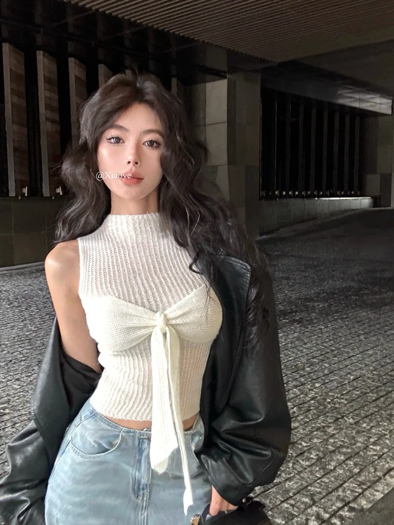 純粋な欲望スタイルのデザイン、リボン、女性用の薄いニットベスト、中空で透明な内側と外側、スパイスガールのノースリーブトップ