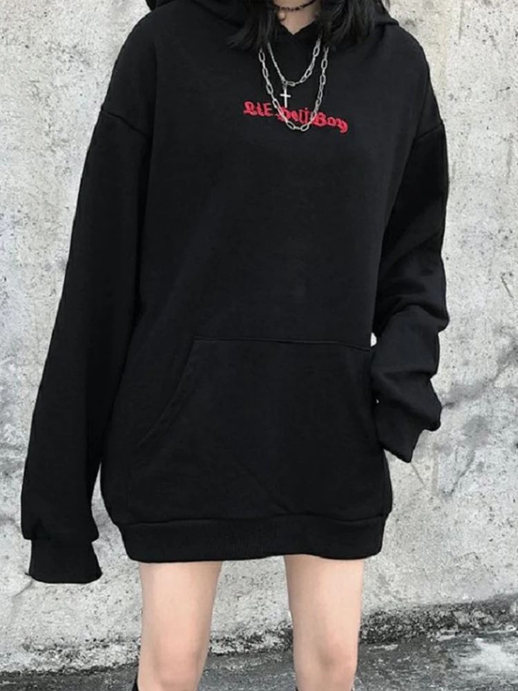 Harajuku Hoodies Girl Little Devil Horns Gothic Hooded Sweatshirts Women Demon Fly Wings Loose Pullovers Pocket Tops Streetwear