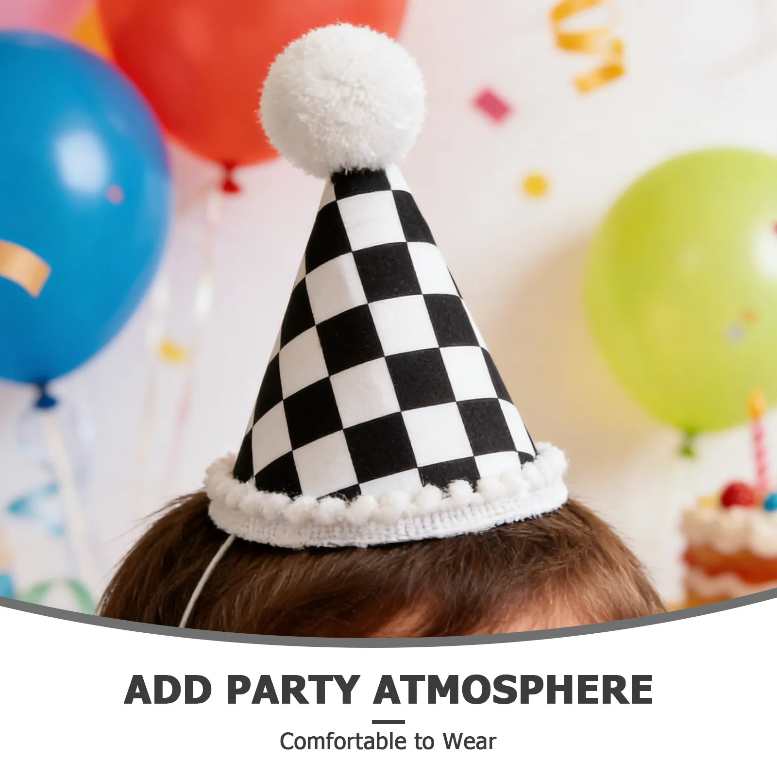Race Car Birthday Hat Black White Checkered First Birthday Crown Pom Poms Racing Theme Party Decoration Toddler Boys Car