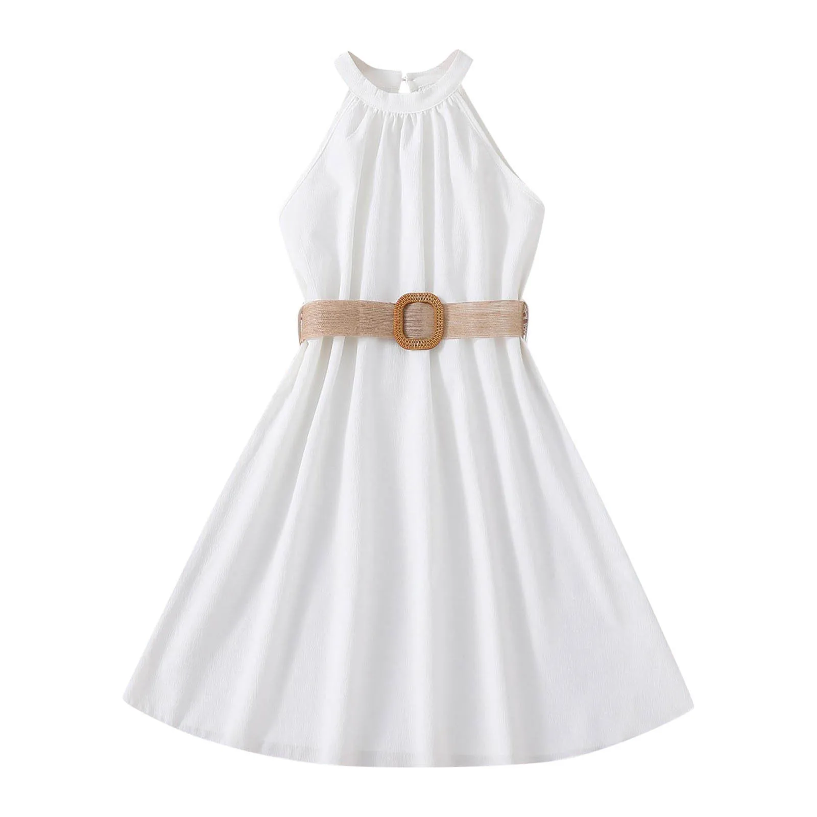 Solid Color Kids Girls Sundress Summer Children Sleeveless Gown Dress Hanging Neck Belt Princess Wedding Party Vestidos