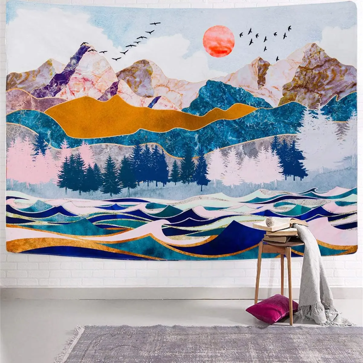 Mountain Tapestry Wall Hanging, Forest Tree Sunset Tapestry/Nature Landscape Ocean Wave Wall Hanging For Dorm,Bedroom,Home Decor