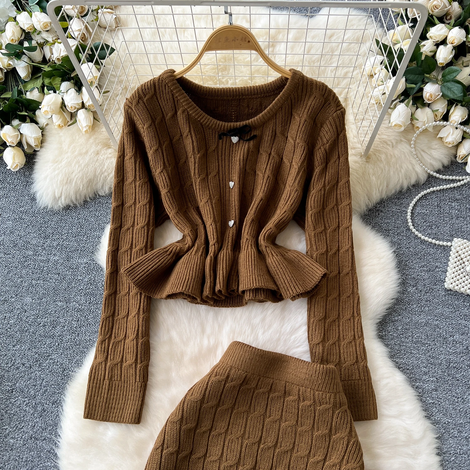 Knitting O-neck Sweater 2-piece Set Women Autumn Winter Pullover Sweater+High Waist Half Skirt Female Solid Knit Two Piece Set