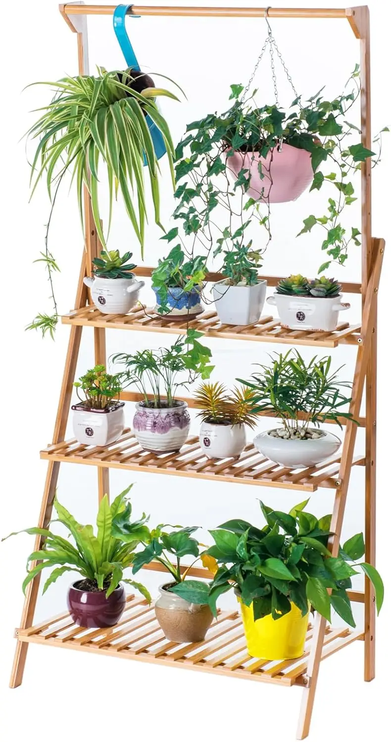 

3-Tier Hanging Plant Stand with Adjustable Shelves, Foldable Design for Indoor and Outdoor Use