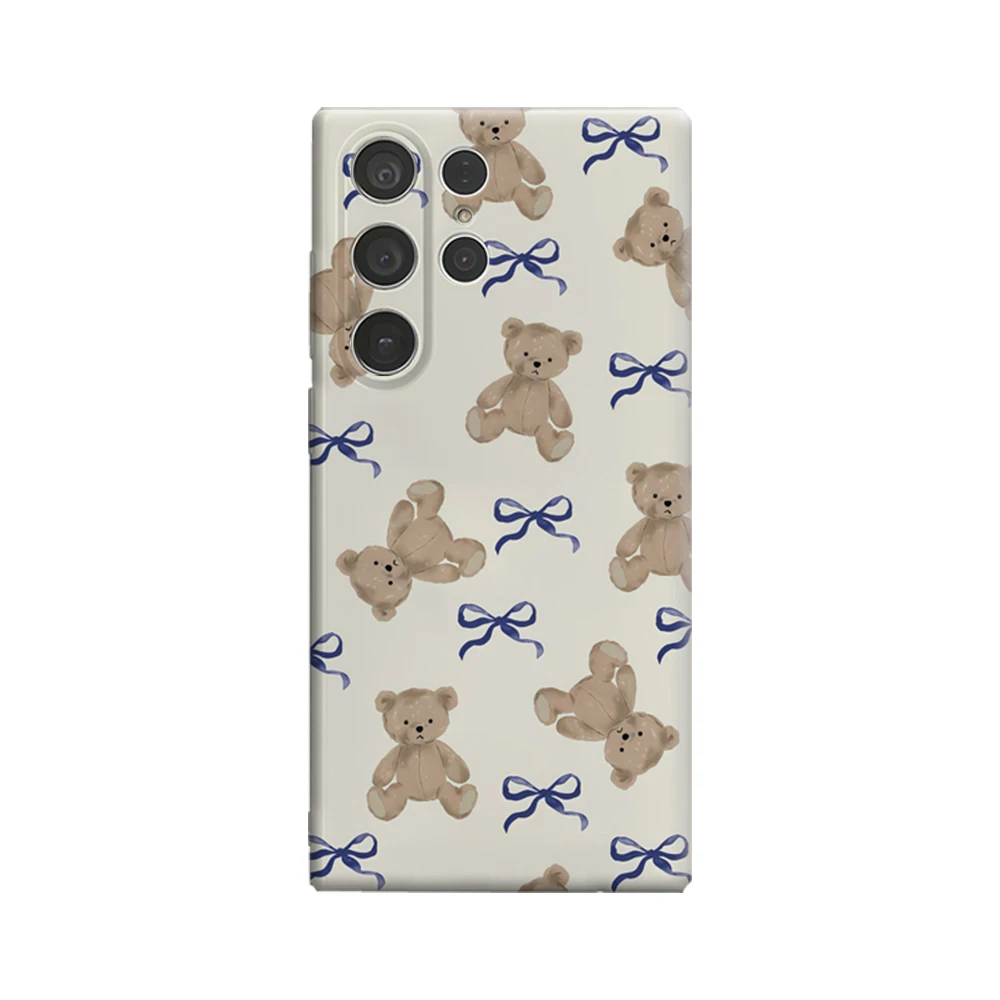 Tan Bear & Blue Bow Handyhülle für Samsung Galaxy S25 Ultra S24 S23 Ultra Plus, stoßfeste, doppellagige Rückseite