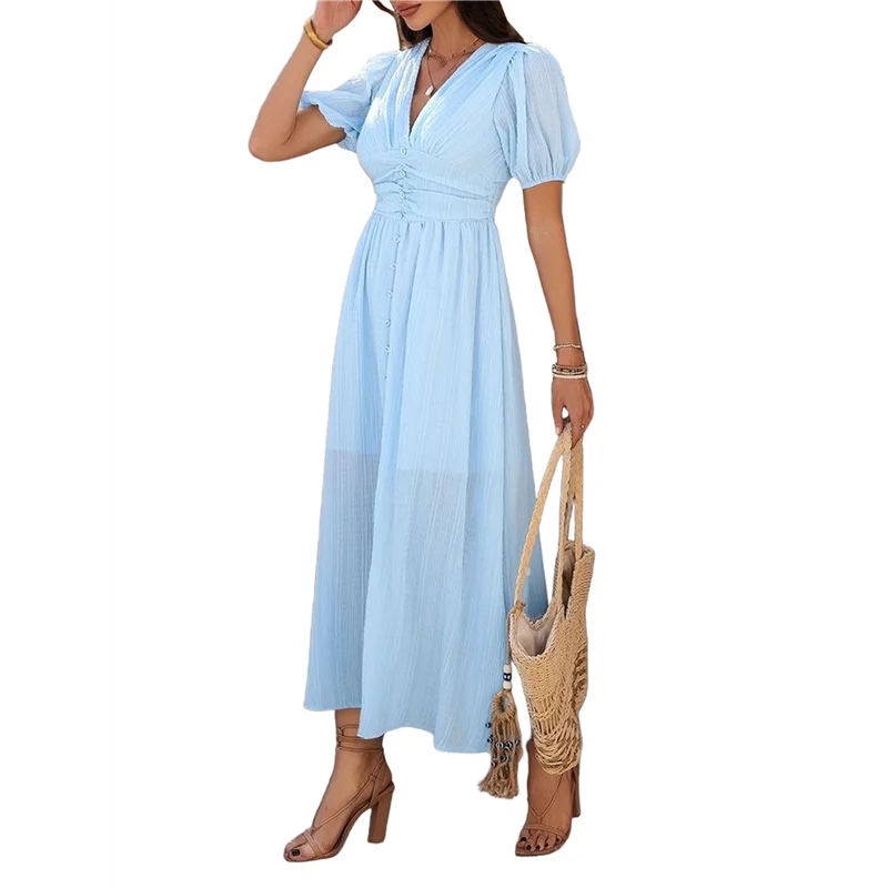 A18P - Letnia sukienka midi damska, codzienna, z bufiastymi rękawami, dekoltem w serek, marszczeniami, zapinana na guziki, z rozcięciem, w stylu boho, idealna na wakacje na plaży, wesele, kolekcja 2025