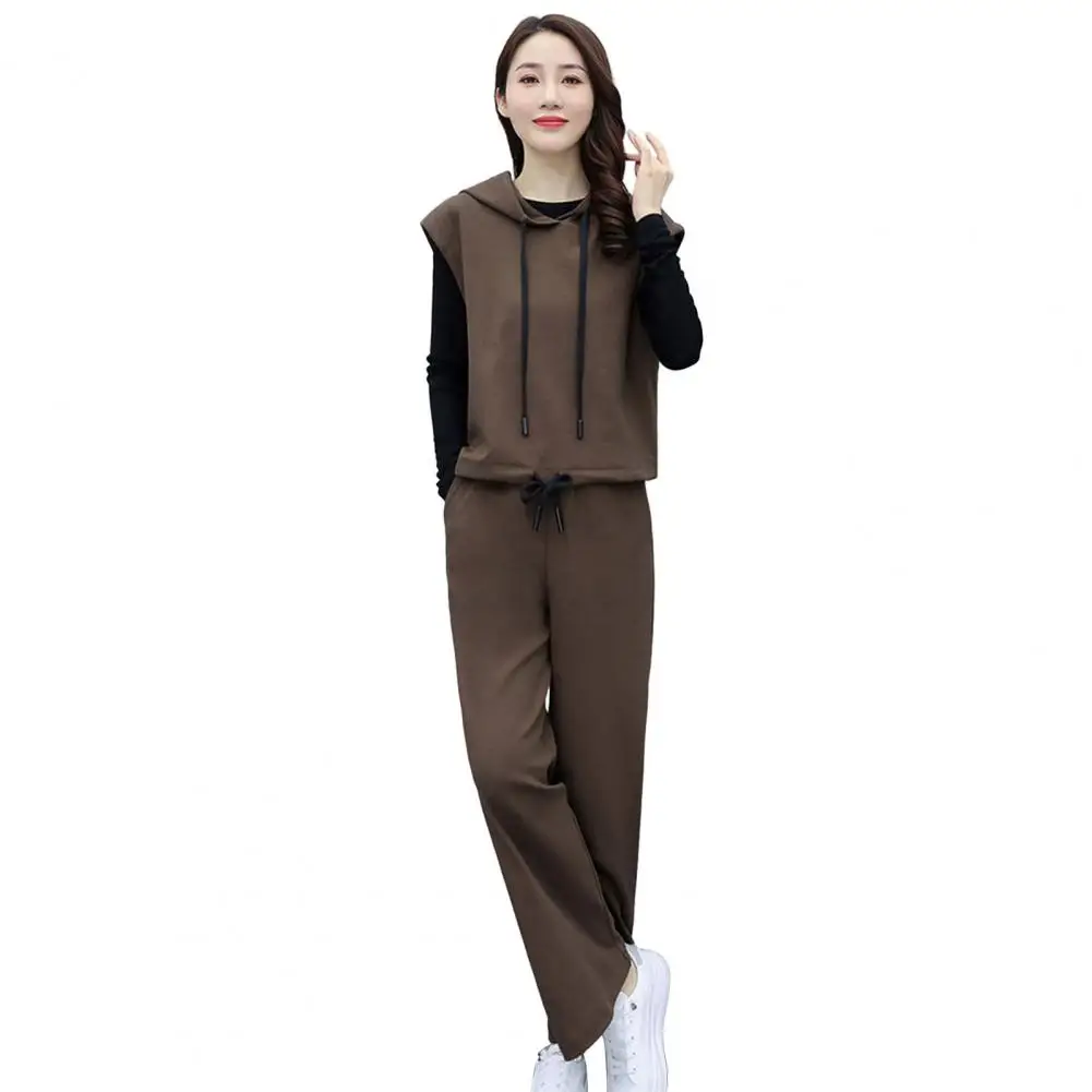 Women Outfit Black Tops Hooded Vest Coat Elastic Waist Wide Leg Pants Three-piece Set Spring Autumn Suit Elegant Outfit Office