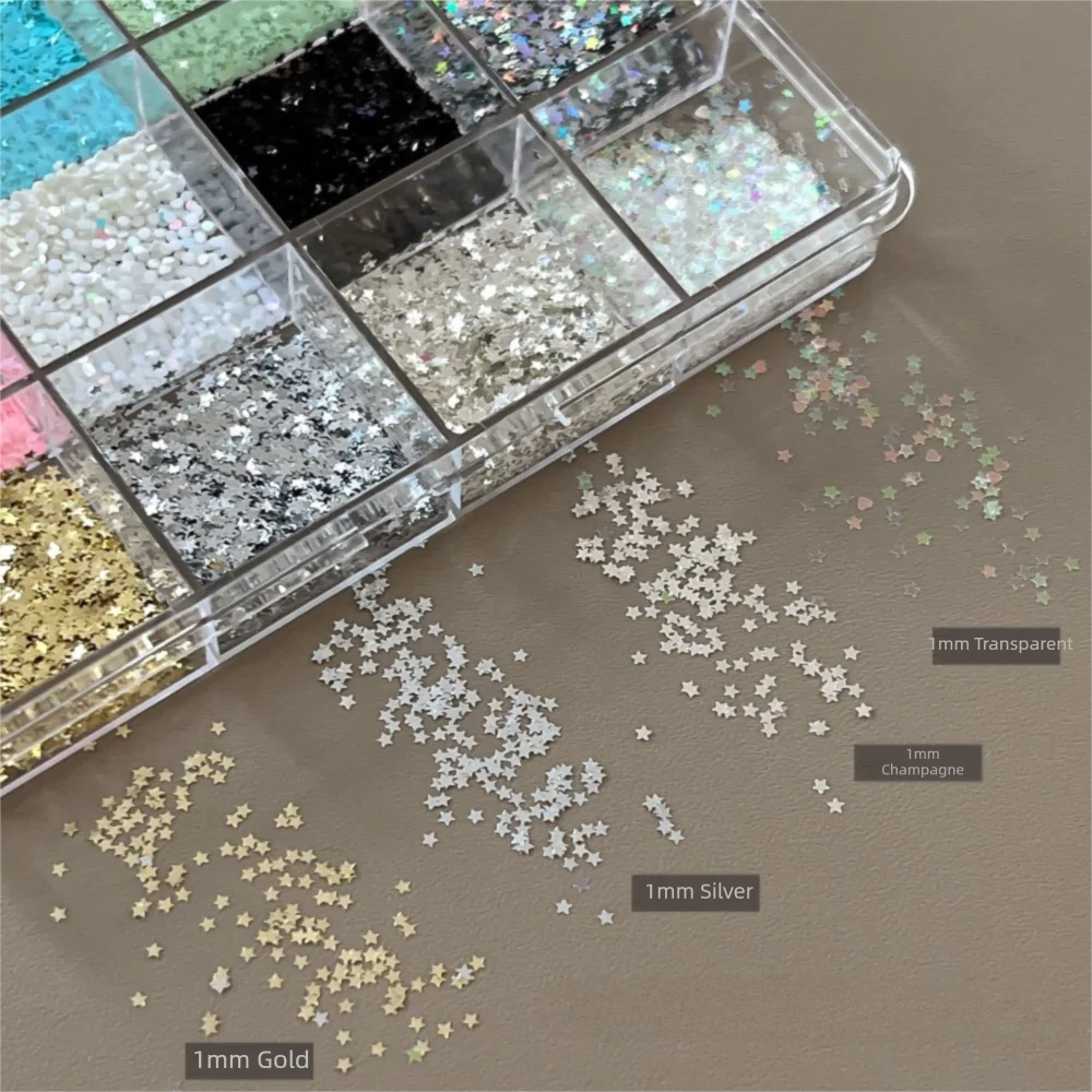 12Grids/Box 3D Irregular Shape Nail Art Charms Aurora Shell Five-pointed Star Imitation Pearl Nail Decoration Glitter