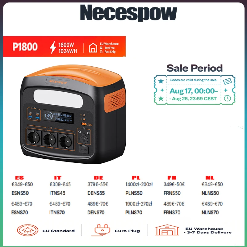 NECESPOW N1200(N1800) Stazione di Alimentazione Portatile 1800W Continui 3000W di Picco Generatore Solare a Onda Sinusoidale Pura, Commutazione UPS 20ms, 10 Uscite, Ingresso Solare MPPT 400W per