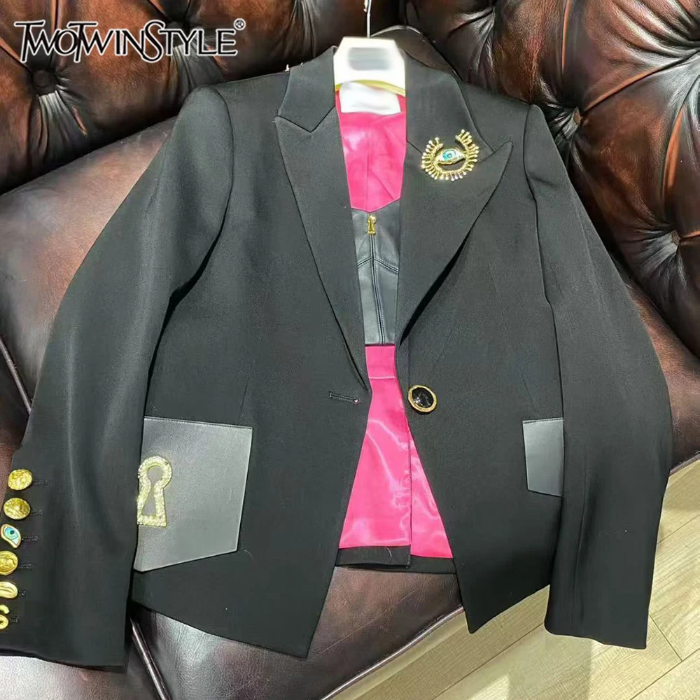 

TWOTWINSTYLE Роскошные свободные однотонные пиджаки для женщин с лацканами и длинными рукавами на пуговицах, осенние дизайнерские куртки, женские новые KJA549940