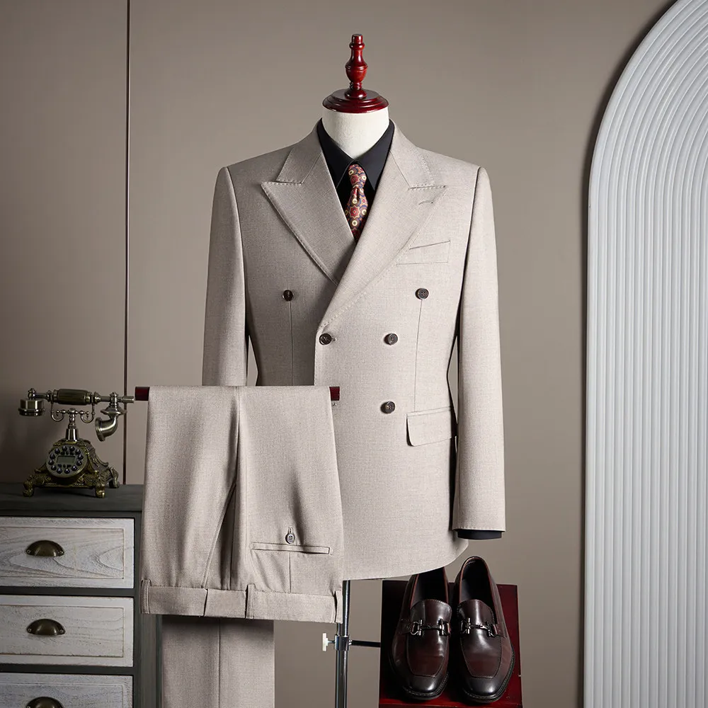 

High-end wedding party casual wool suit set, stylish and handsome men's double-breasted suit three-piece set