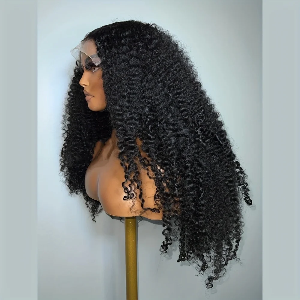 26Inch Long 180 Density Soft Black Kinky Curly Lace Front Wigs For Women With Baby Hair Synthetic Fiber Deep Part Daily