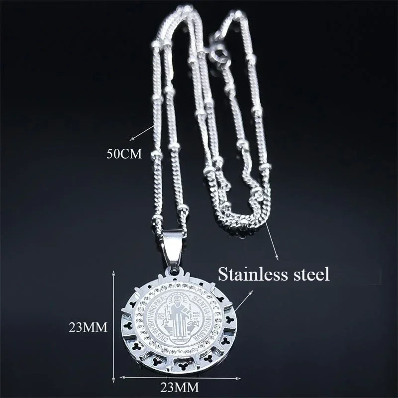 Vintage Stainless Steel Saint Benedict Cross Medal Pendants Religious Transportation Amulet Exorcism Necklace Jewelry Gift