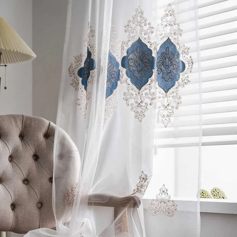 Velvet Embroidery Tulle Curtains Blue Patch Velvet Embroidery Yarn Living Room Bedroom Light Transmission Window Screen