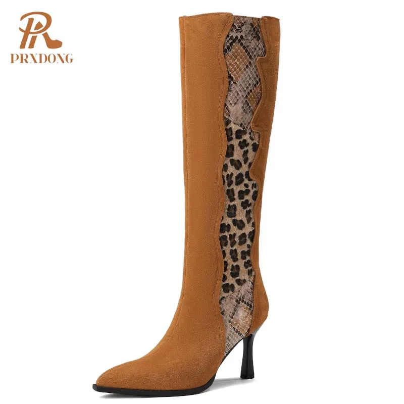 

PRXDONG 2024 New Brand Autumn Winter Shoes Woman Knee High Boots High Heels Genuine Leather Black Zipper Dress Party Female 39