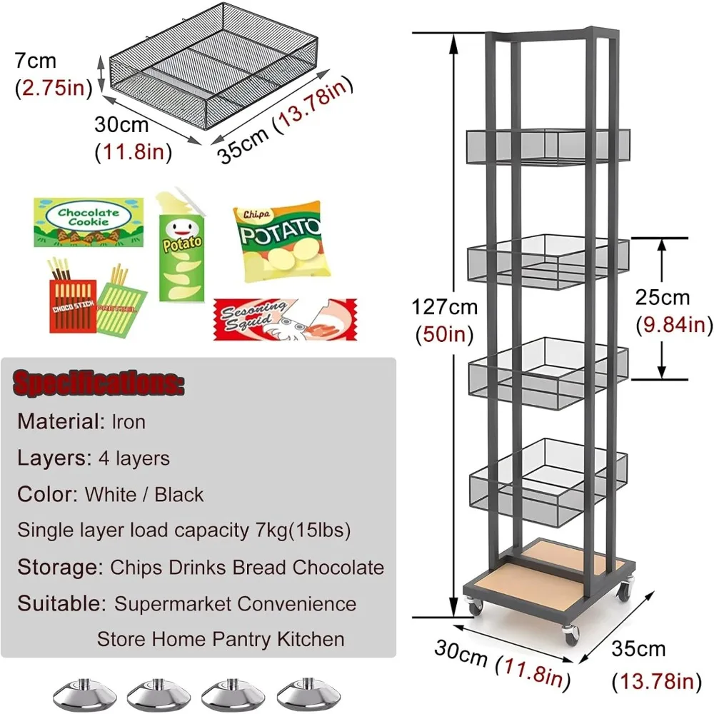 عربة الوجبات الخفيفة المتنقلة مع 4 أرفف للاستخدام المنزلي والمطبخ والمتجر المريح