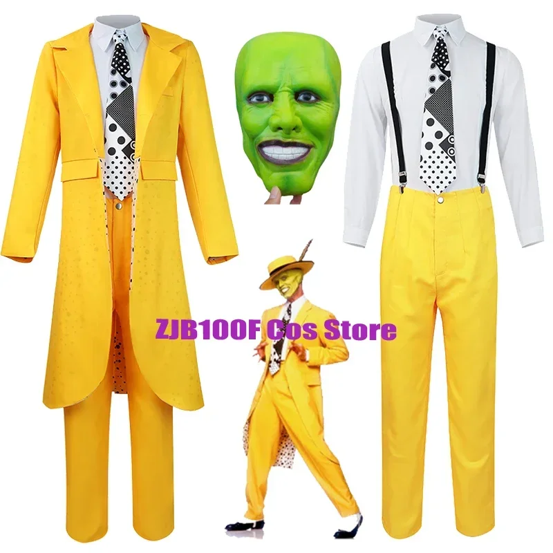 Carrey Cosplay Uniform Anime Kostüme gelbe Trench Hut Anzug Halloween Karneval Party Jim Clown Outfits Maske für Männer