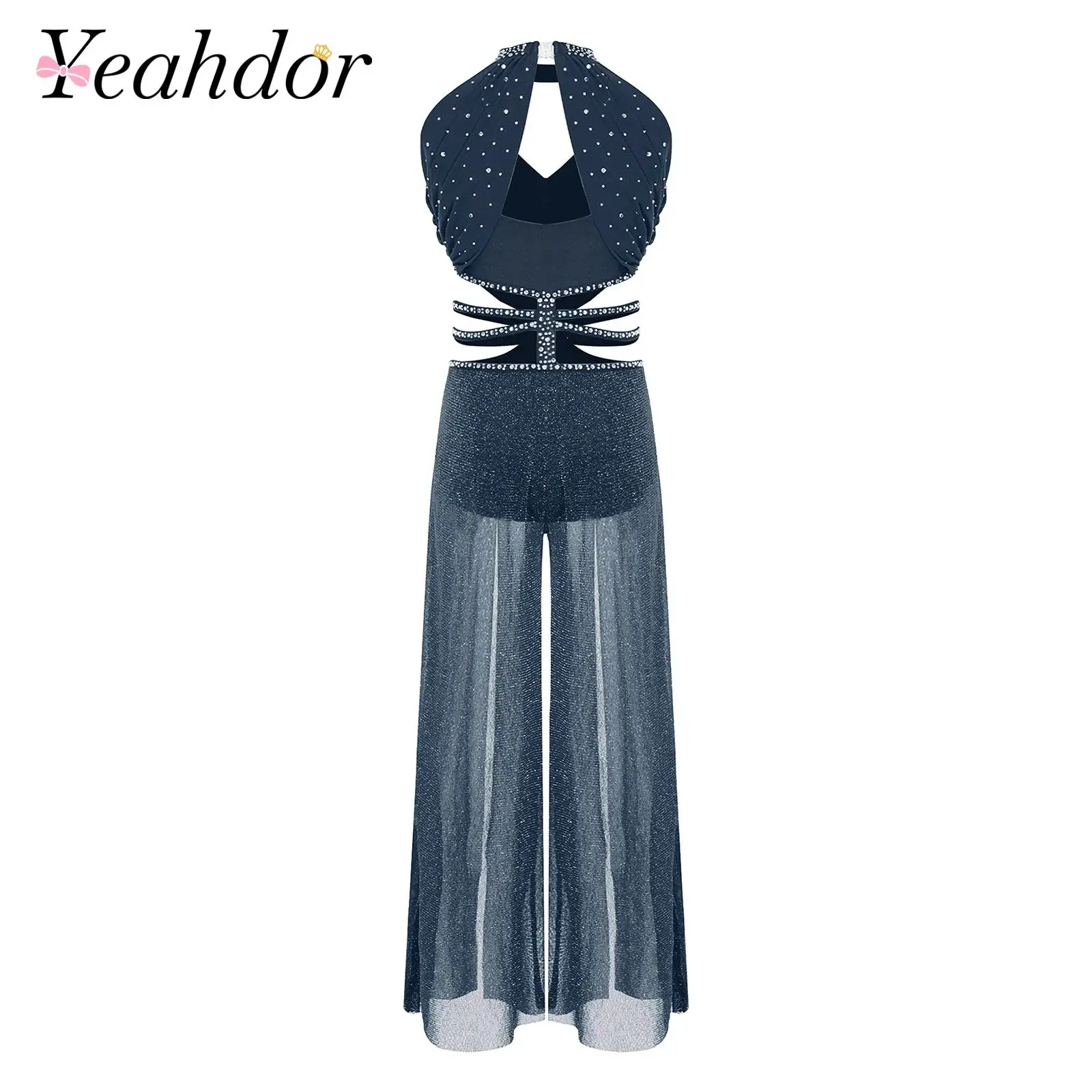 Kids Girls Lyrical Dance Cutout Jumpsuit Sleeveless Sequin Split Mesh Wide-leg Pants Bodysuit for Stage Performance Dancing