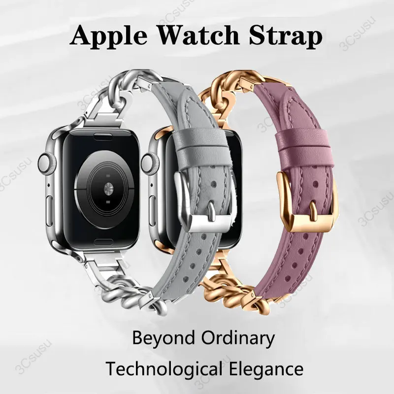 Luxury Leather Band For Apple Watch Ultra 9 8 49mm 45mm 44mm 42 41 40 38mm Stainless Steel Bracelet Strap For iWatch 7 6 5 4 Se