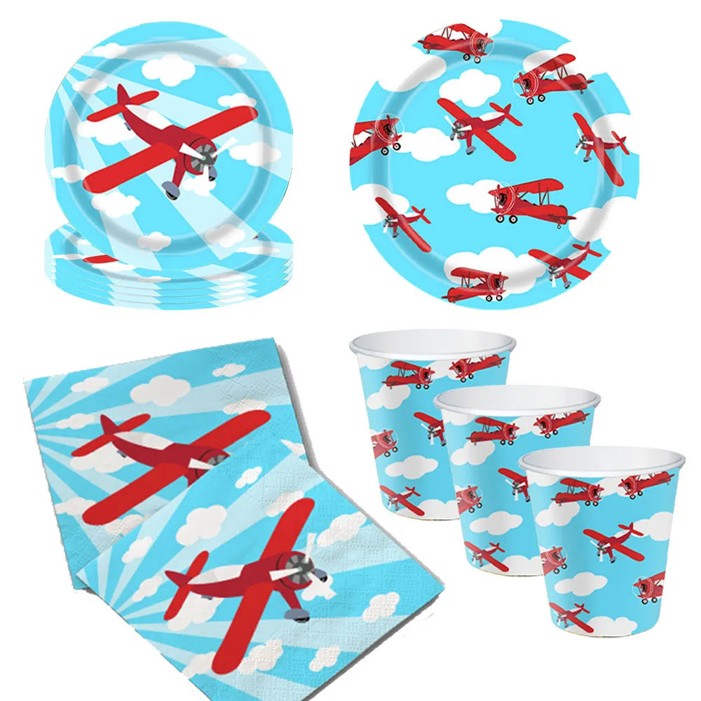 Airplane Birthday Party Disposable Tableware Plates CUps Napkins Aircraft Party Decor Supplies Boy Pilot Favors