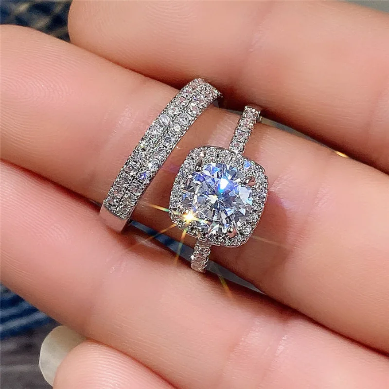 Women's Double Ring with Micro-Inlaid Zircon, Luxury Design