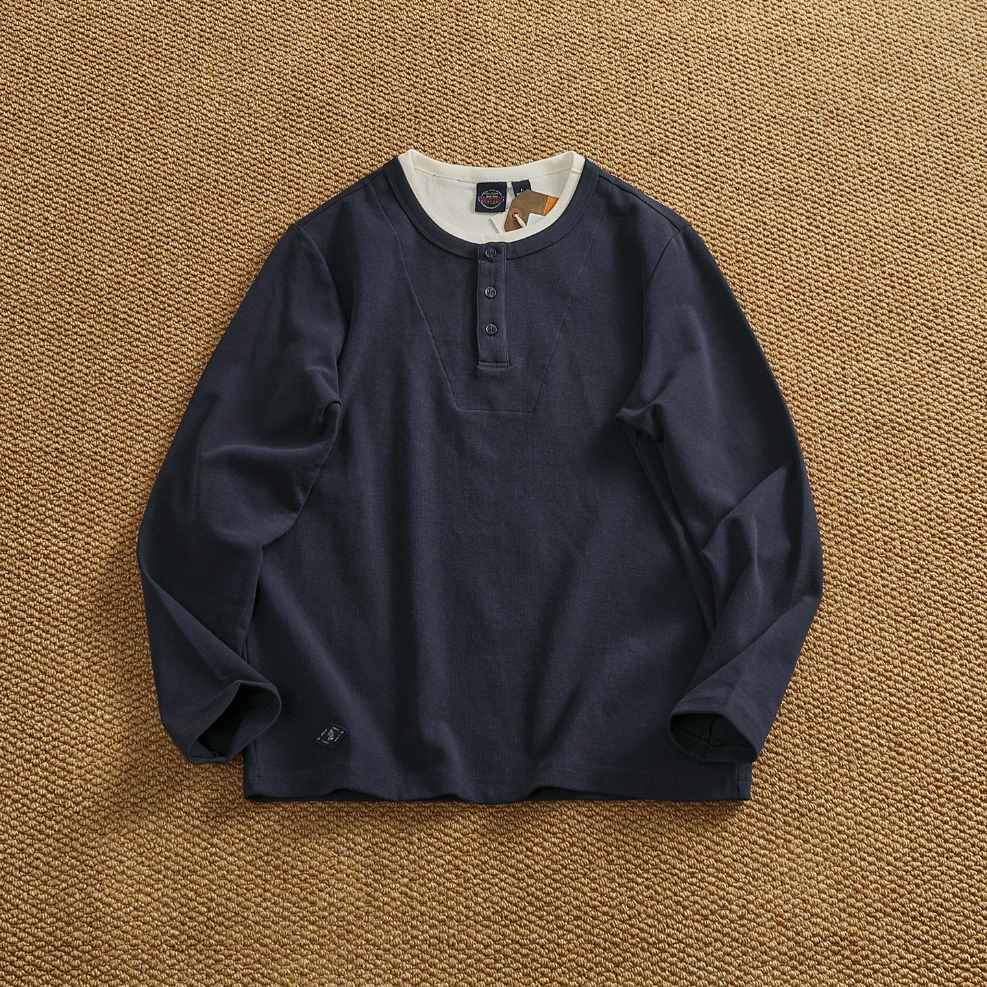 New autumn long-sleeved T-shirt for men's texture heavy American retro Henry neck button-up pullover
