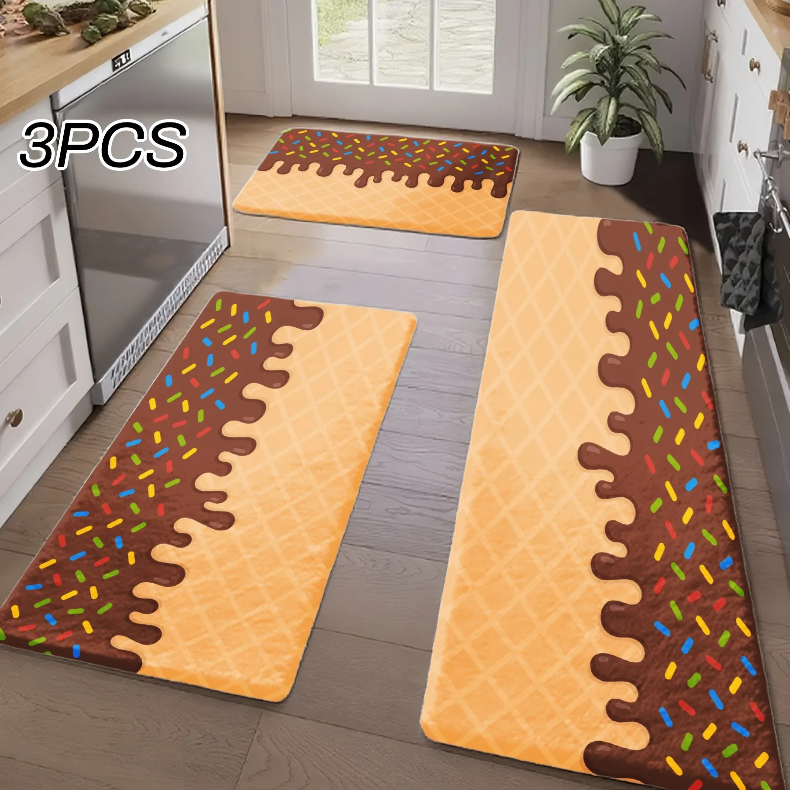 3PCS Kitchen Rugs,Home Decoration for Front Door,Kitchen,Bathroom,Chocolate Drizzle With Colorful Sprinkles Pattern Dining Mat