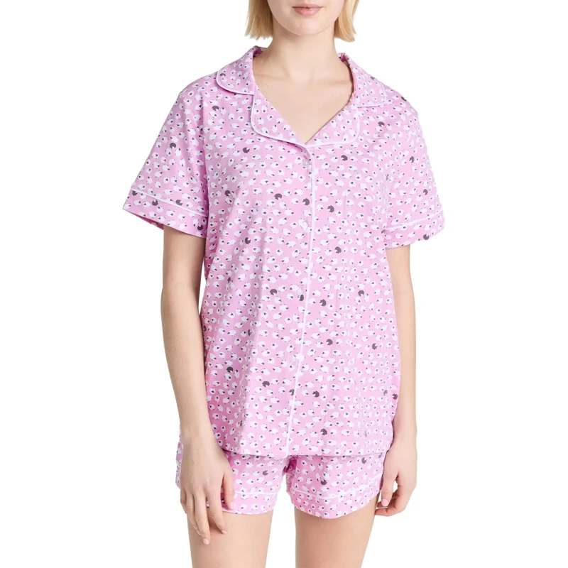 Women 2 Piece Pajama Set Sheep Print Short Sleeve Button Closure Shirt Top with Shorts Sleepwear Loungewear Comfy Outfits