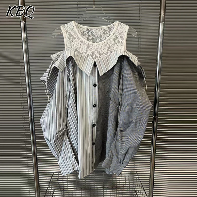 

KBQ Sexy Spliced Lace Loose Chic Shirts for Women Round Necl Off The Shoulder Sleeve Patchwork Button Blouser Female Fashion