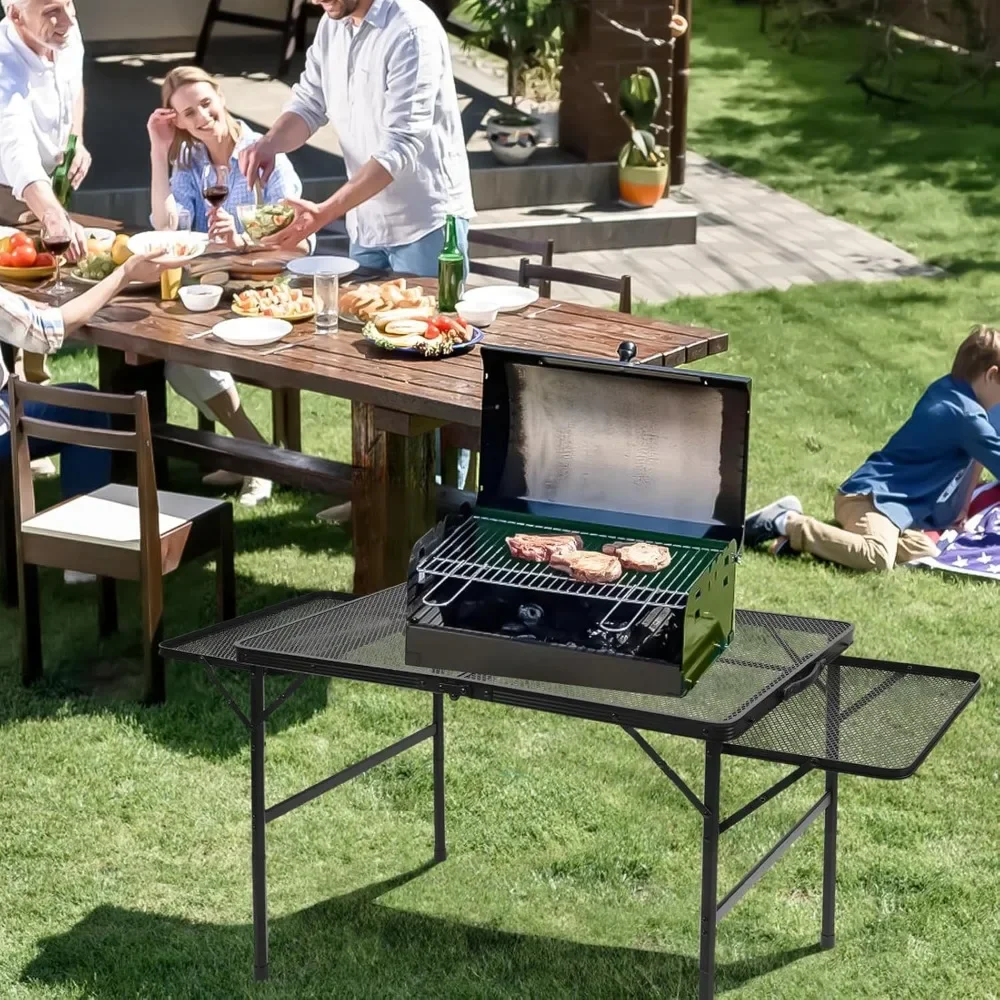 Folding Grill Table, 3x2 FT Portable Camping Table with 2 Wing Panels, Height Adjustable Metal Table Mesh Desktop and Mesh Bag