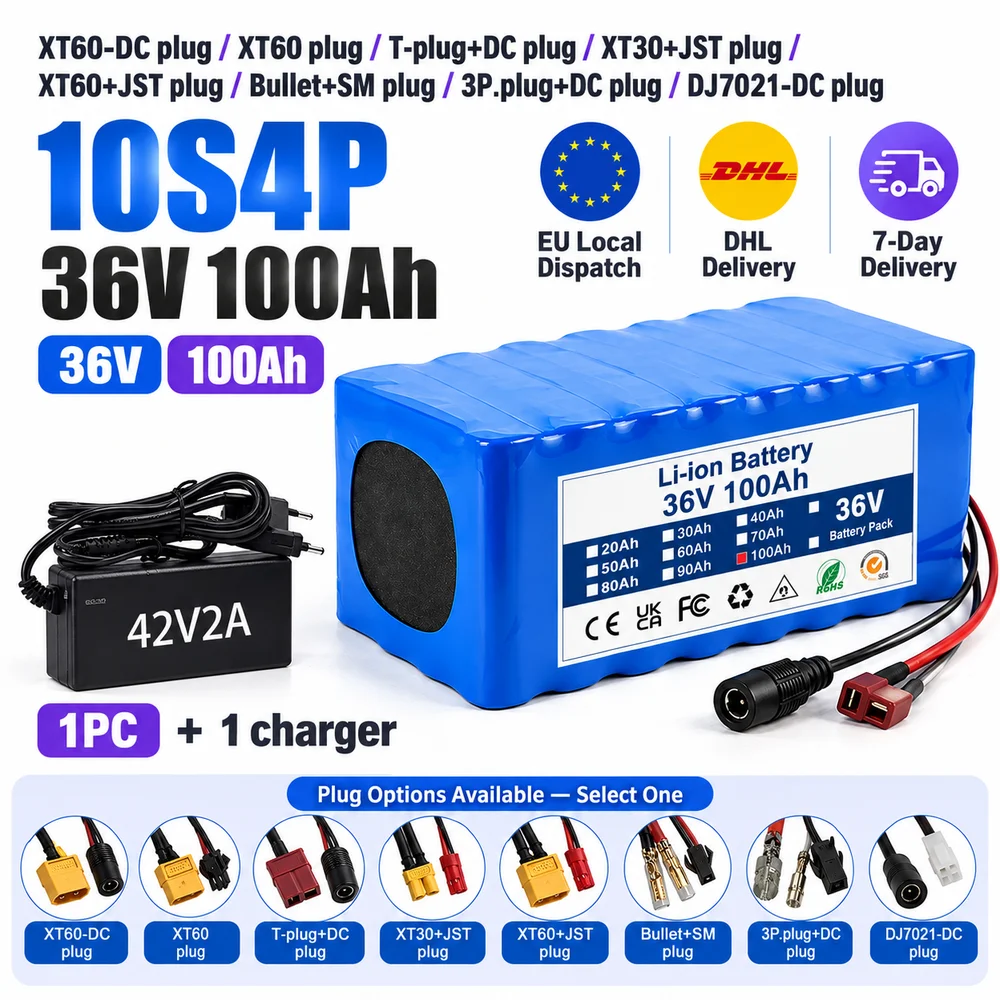 Image of 100Ah 36V Wiederaufladbarer Akku, 10S4P Konfiguration, GB-BP-36V-100Ah-10S4P, XT60-DC-Stecker, XT60-Stecker, T-Stecker+DC-Stecker, XT30+JST-Stecker-Optionen