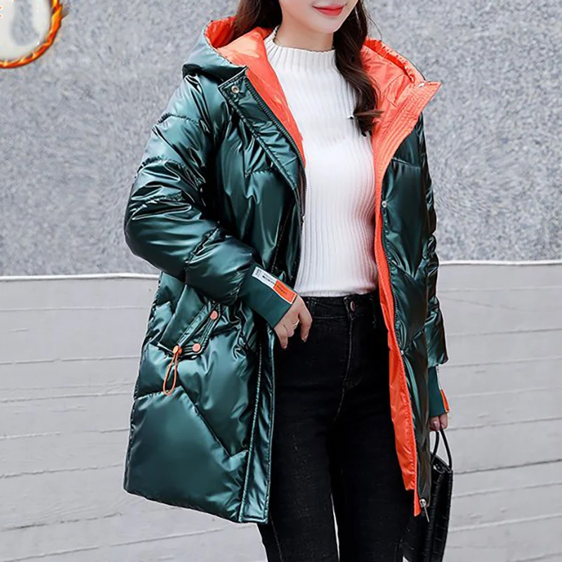 Autumn Winter Fashion Hooded Color Matching Cotton Coat Bright Warm Women Cotton Jacket Elegant Loose Casual Female Parkas