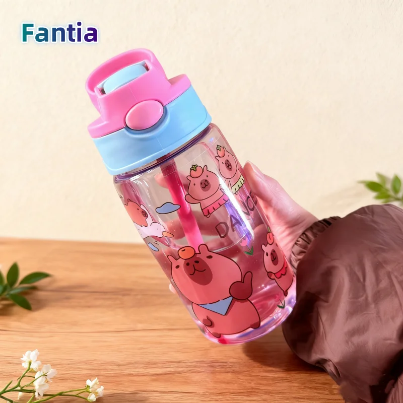 

480ML Water Sippy Cup Cartoon Cute Capybara Feeding Cup with Straws Leakproof Water Bottle Outdoor Portable Duckbill Straw Cups