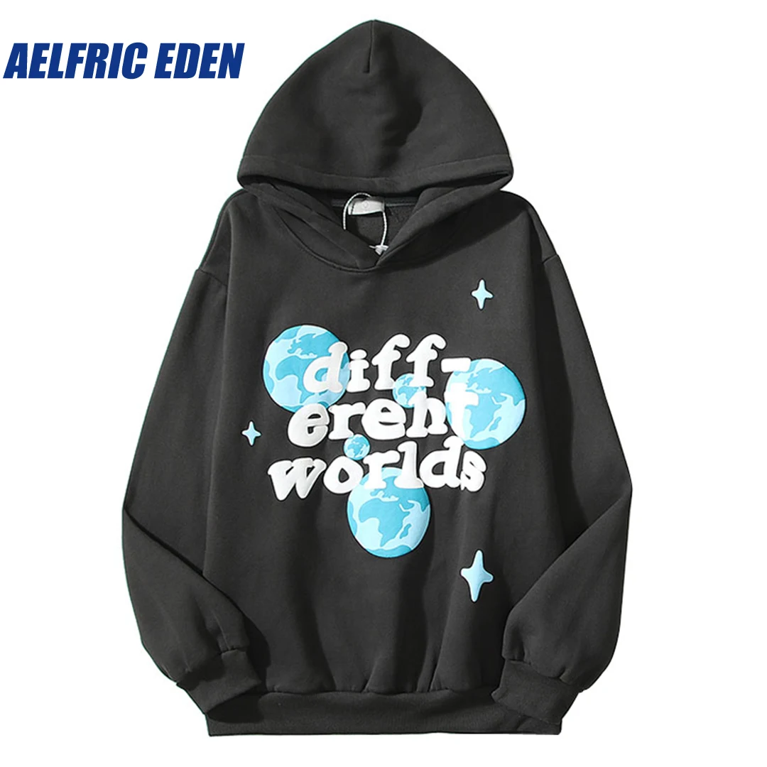 Aelfric Eden 2023 Hip Hop Fleece Hooded Men Sweatshirt Streetwear Planet Letter Print Pullover Hoodies Harajuku Casual Hoodie