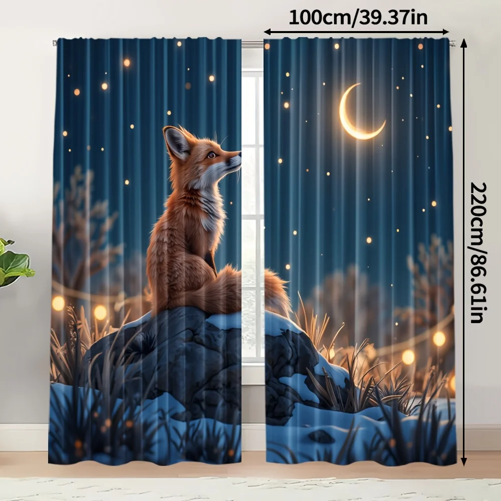 2 Cortinas com Estampa de Raposa Sob Céu Estrelado, Design Sonhador de Cena Noturna com Lua, Cortinas de Poliéster para Quarto Infantil, Quarto e Sala de Estar