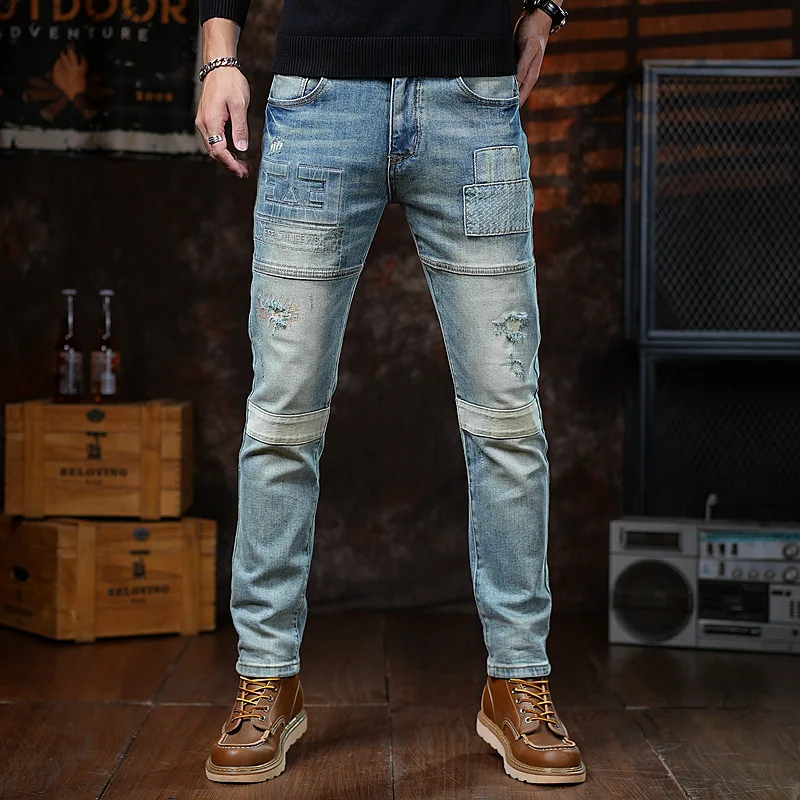 Fashionable ripped patch jeans with men's street style patchwork design, slim fit, small feet, American style trendy pants